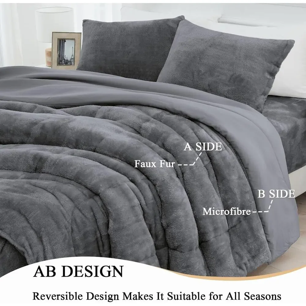 Faux Fur Comforter Set with Fitted Sheet - Luxury Ultra Soft Fluffy Fuzzy Queen - Picture 3 of 6